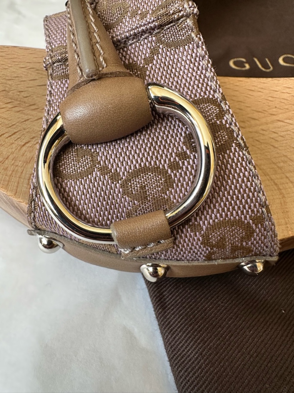 Gucci Taupe Monogram Canvas Horsebit Wooden Slide Mules - Picture 5 of 9